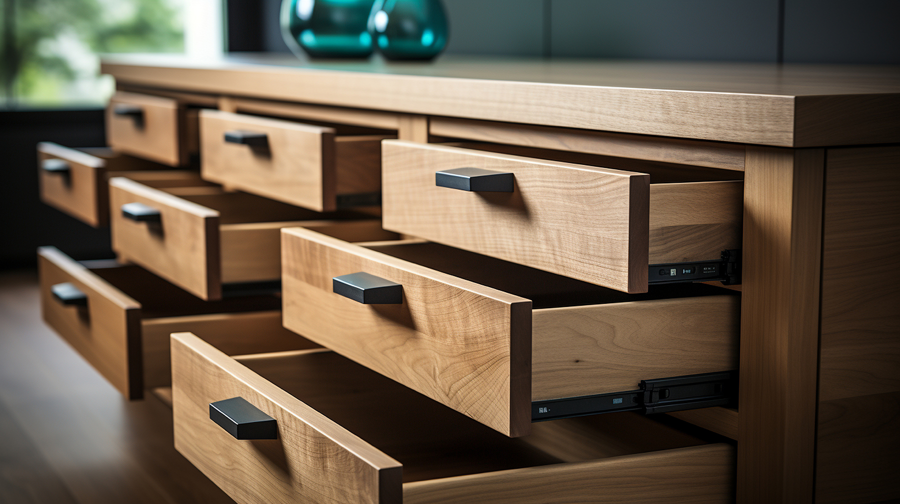 Cabinet with drawers open showing drawer boxes and drawer fronts.