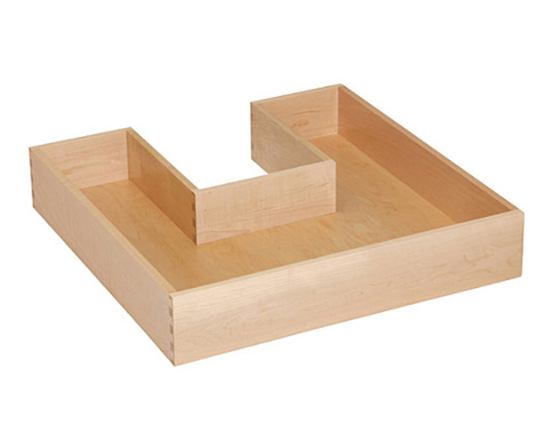 Maple u-shaped dovetail drawer box, for use with plumbing, obstacles.